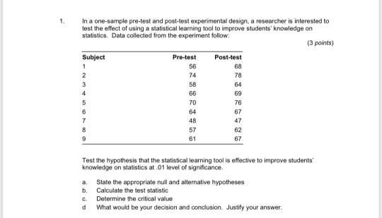 Solved 1 In A One sample Pre test And Post test Experimental Chegg