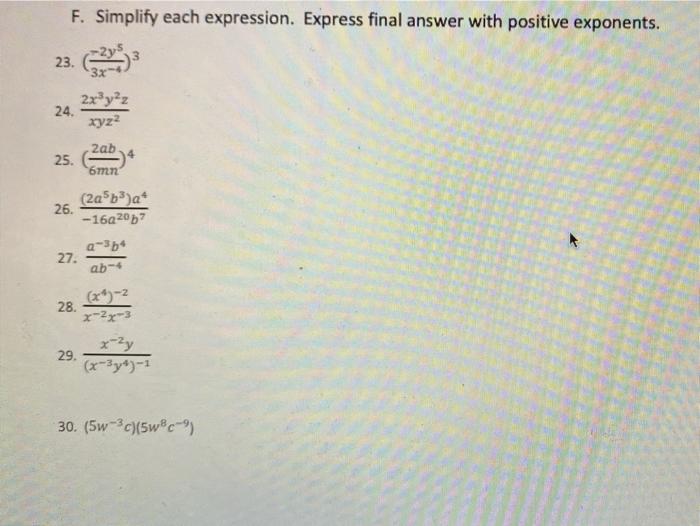 Solved F. Simplify each expression. Express final answer | Chegg.com