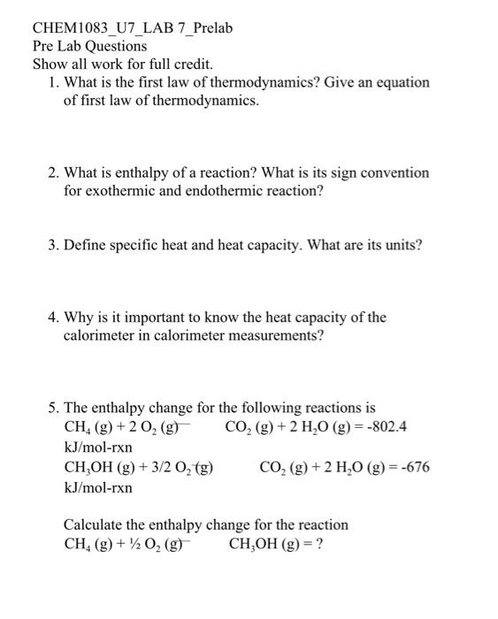 Solved CHEM1083_U7_LAB 7_Prelab Pre Lab Questions Show all | Chegg.com
