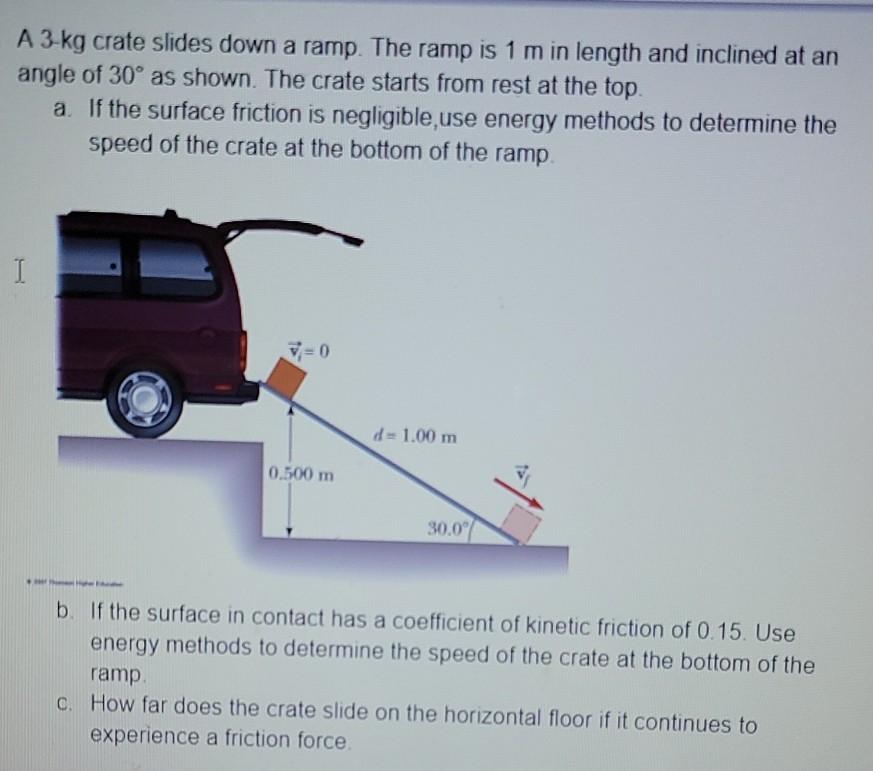 Solved A 3-kg crate slides down a ramp. The ramp is 1 m in | Chegg.com