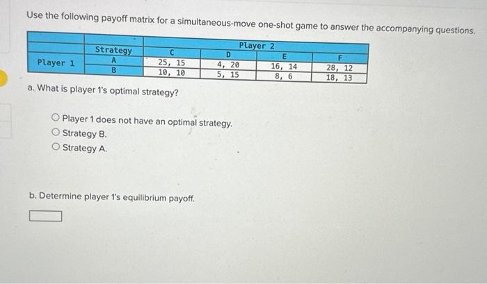 Solved Use the following payoff matrix for a | Chegg.com