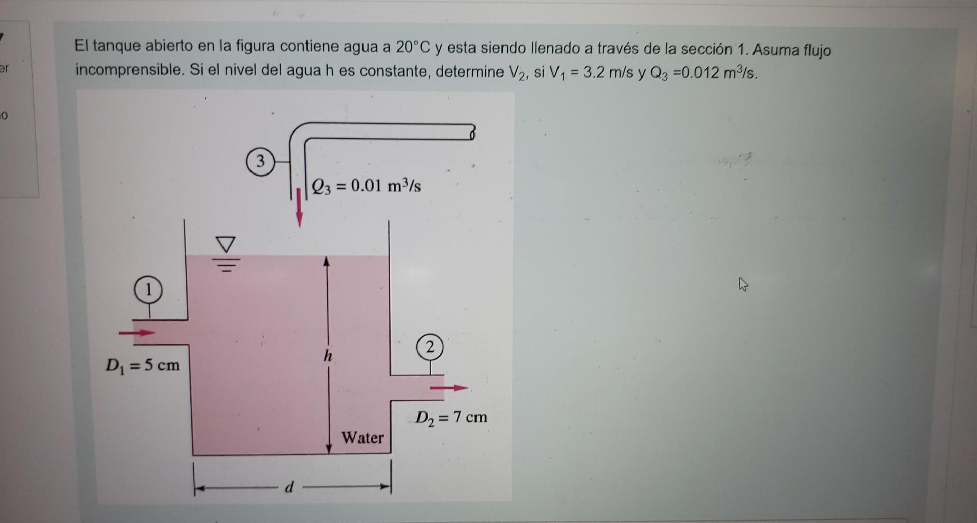 El tanque abierto en la figura contiene agua a \( 20^{\circ} \mathrm{C} \) y esta siendo llenado a través de la sección 1 . A