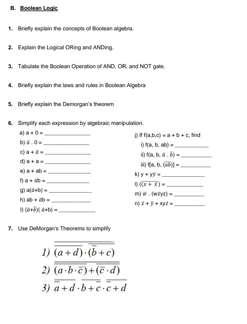Solved B. Boolean Logic 1. Briefly explain the concepts of | Chegg.com image.
