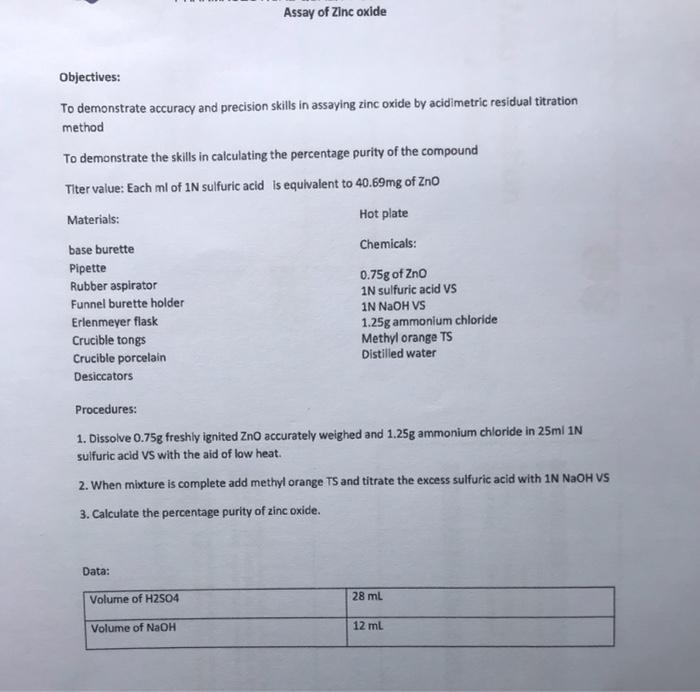 Solved Assay of Zinc oxide Objectives To demonstrate