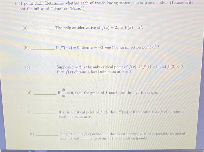 Solved 1. [l point each] Determine whether each of the | Chegg.com