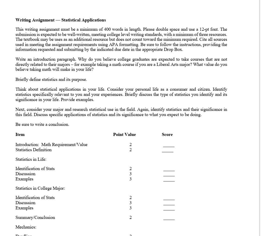 Solved Writing Assignment - Statistical Applications This | Chegg.com