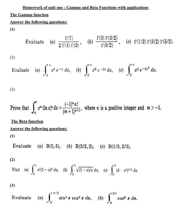 Solved Homework Of Unit One : Gamma And Beta Functions With | Chegg.com