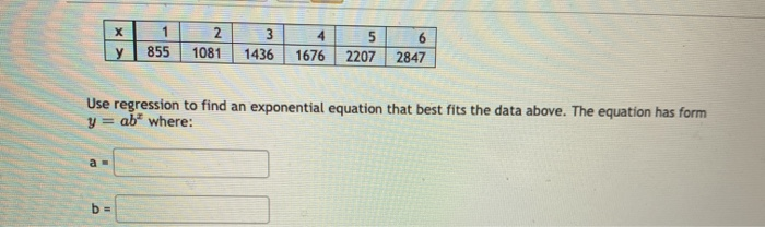 Solved х 1 855 2 1081 3 1436 4 1676 у 5 2207 6 2847 Use | Chegg.com