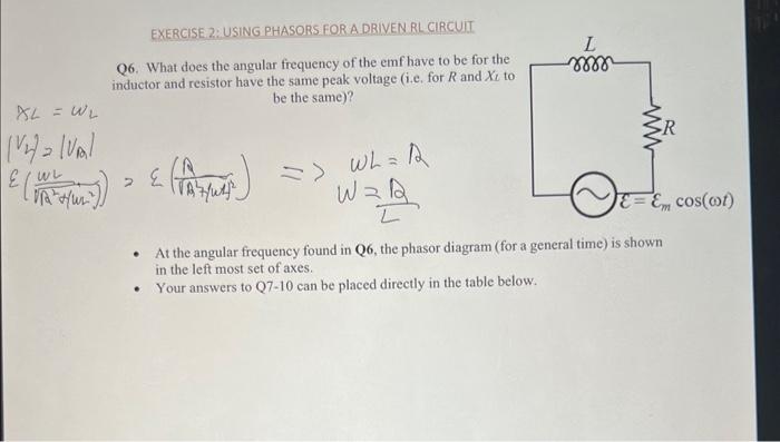 Q6. What does the angular frequency of the emf have to be for the inductor and resistor have the same peak voltage (i.e. for 