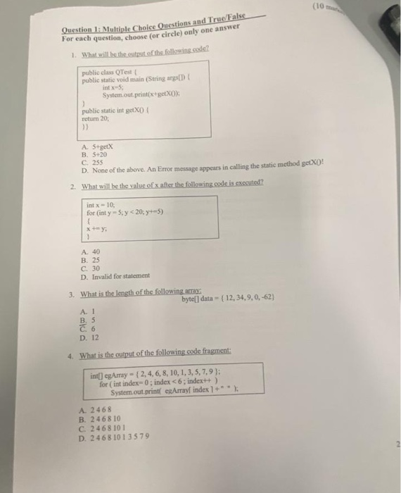 Solved (10 Question 1: Multiple Choice Questions and True | Chegg.com