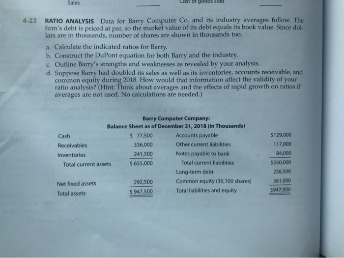 Solved X Meme 4 23 Ratio Analysis Data For Barry Computer