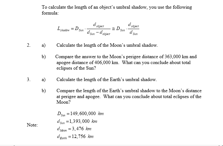 To calculate the length of an object's umbral shadow, | Chegg.com