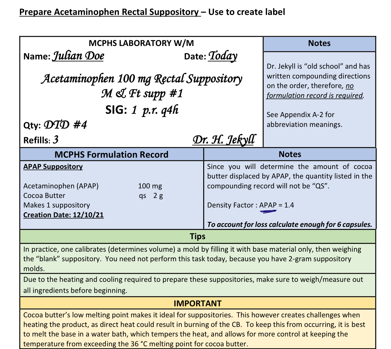 Solved Prepare Acetaminophen Rectal SuppositoryUse to