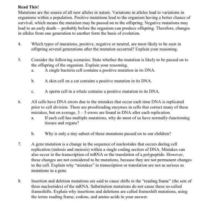 Solved c. Read This! Mutations are the source of all new | Chegg.com