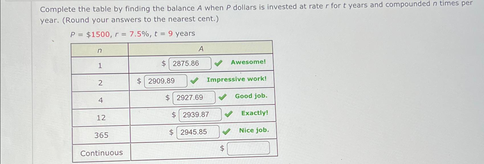 Solved Complete the table by finding the balance A when P | Chegg.com