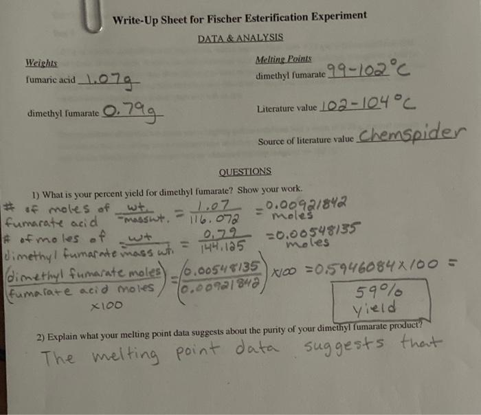 Solved Write-Up Sheet for Fischer Esterification Experiment | Chegg.com