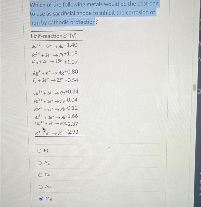 Solved Which of the following metals would be the best one | Chegg.com