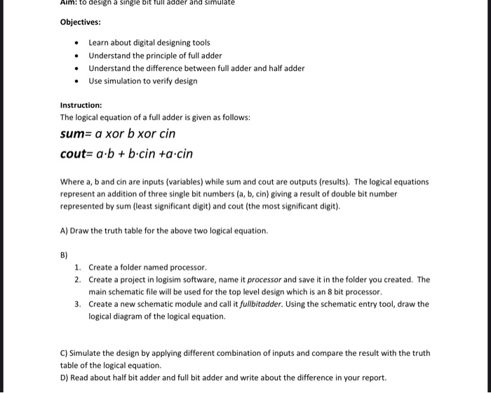 Solved Aim: to design a single bit full adder and simulate | Chegg.com