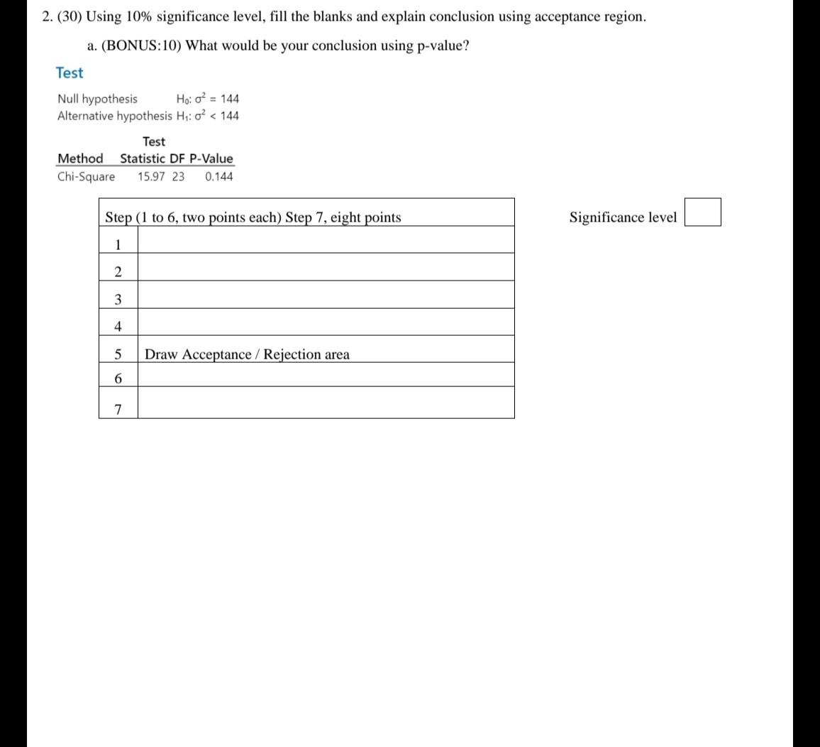Solved 2. (30) Using 10% significance level, fill the blanks | Chegg.com