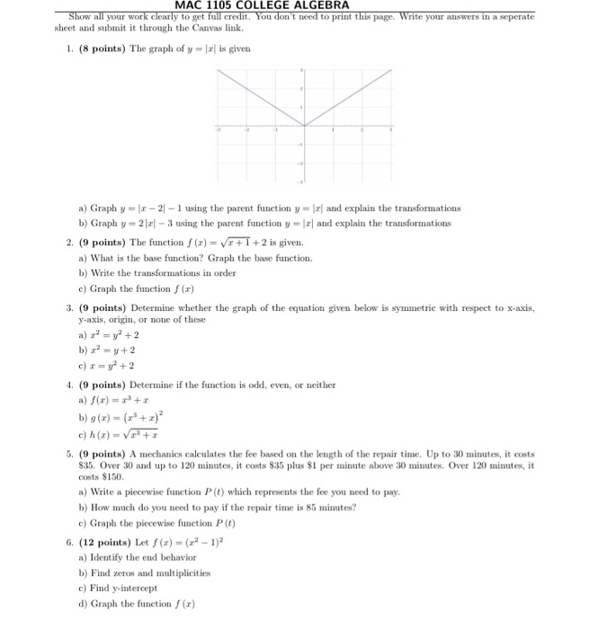 Solved MAC 1105 COLLEGE ALGEBRA Show all your work clearly | Chegg.com