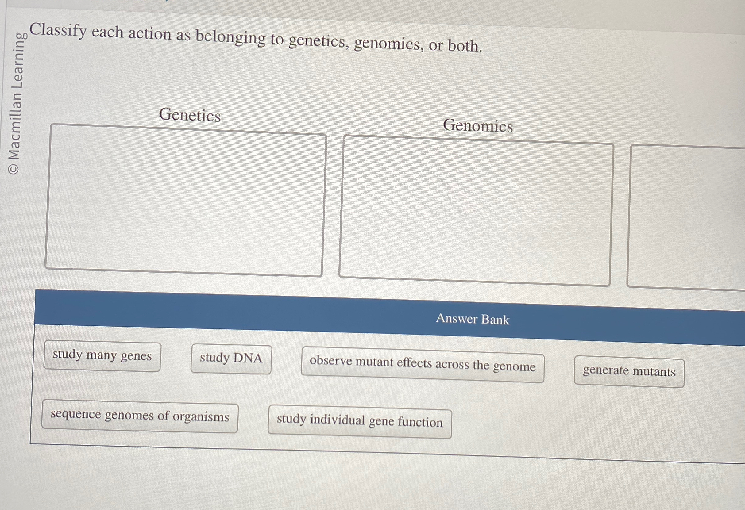 Solved ?∞ ﻿Classify each action as belonging to genetics, | Chegg.com