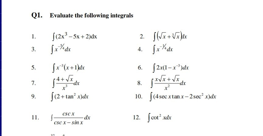 Solved Q1 Evaluate The Following Integrals 1 2x 5x 5391