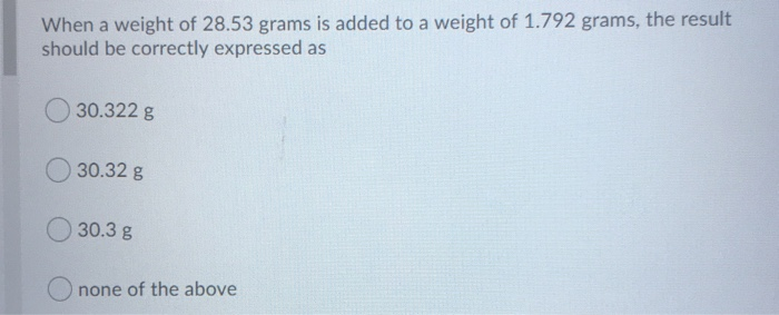 Solved When a weight of 28.53 grams is added to a weight of | Chegg.com