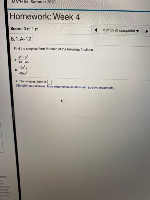 Solved MATH 04 - Summer 2020 Homework: Week 4 Score: 0 of 1 | Chegg.com