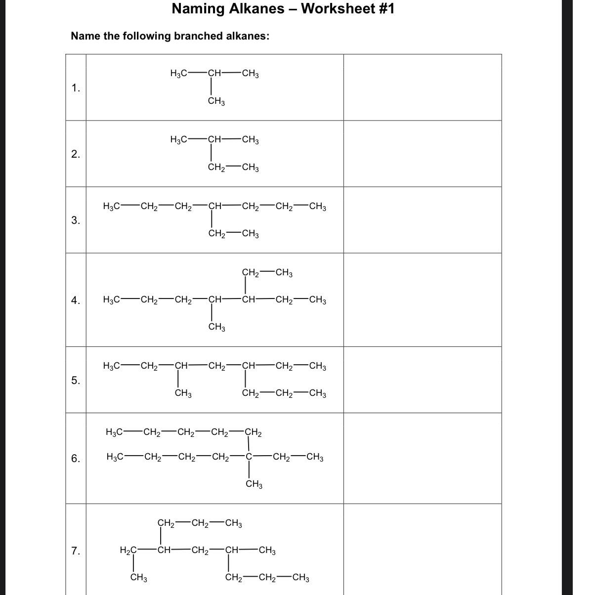 Solved Naming Alkanes ﻿worksheet 1name The Following 1086