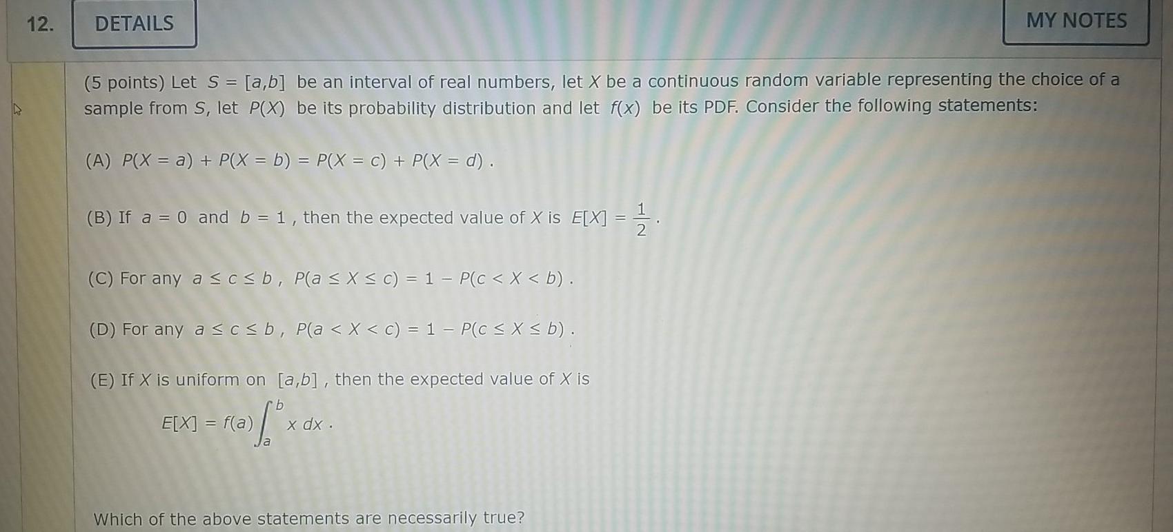 Solved 12. DETAILS MY NOTES (5 Points) Let S = [a,b] Be An | Chegg.com