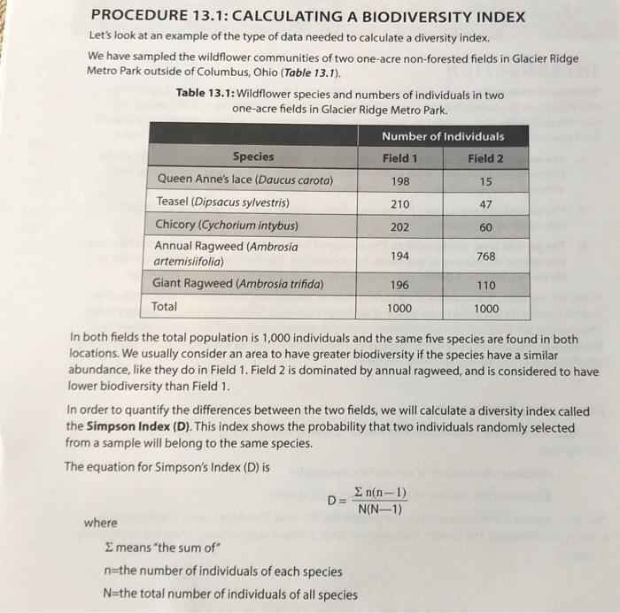 Solved 1. What is the Simpson Index of Diversity (1-D) for | Chegg.com