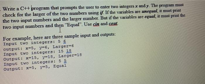 Solved Write a CH program that prompts the user to enter two | Chegg.com