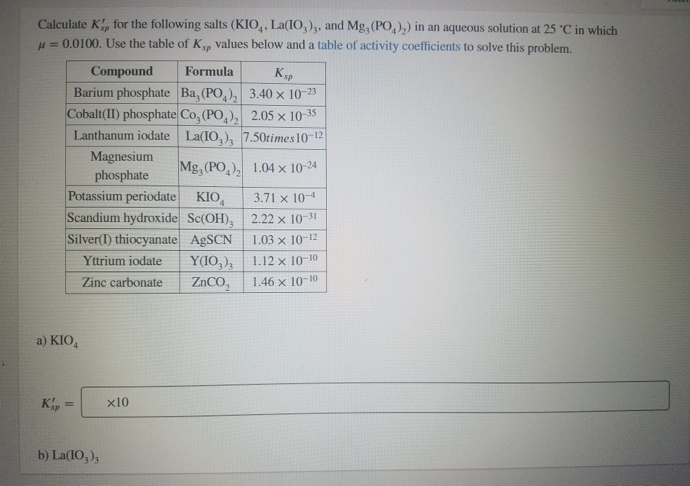 Solved calculate k for the following salts k104 la 103 3 chegg
