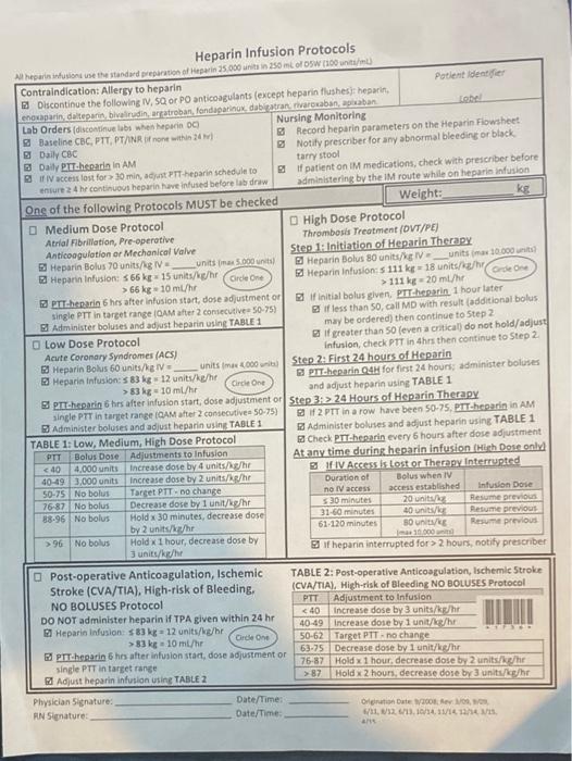 ge Heparin Infusion Protocols Atherinifone the | Chegg.com