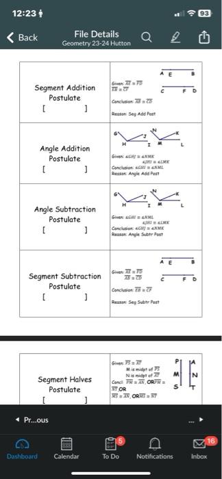 Geometry Postulates Review WS12:23 i Back File | Chegg.com