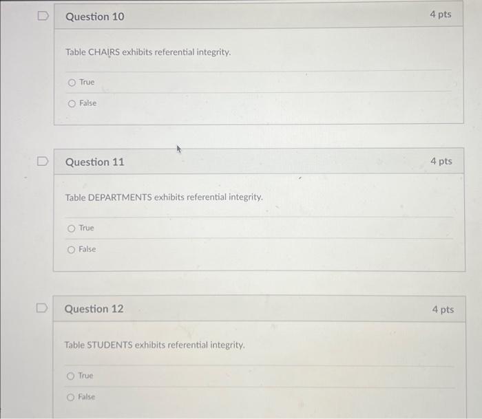 Table CHAIRS exhibits entity integrity. True False