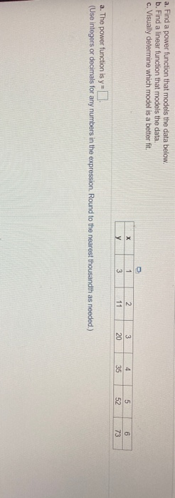 Solved a. Find a power function that models the data below | Chegg.com