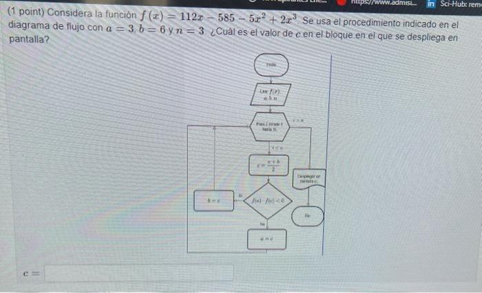 (1 point) Considera la función \( f(x)=112 x-585-5 x^{2}+2 x^{3} \) Se usa el procedimiento indicado en el diagrama de flujo