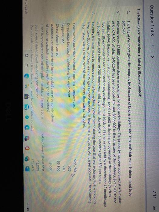 Solved -/11 Question 1 of 8 The following are transactions | Chegg.com