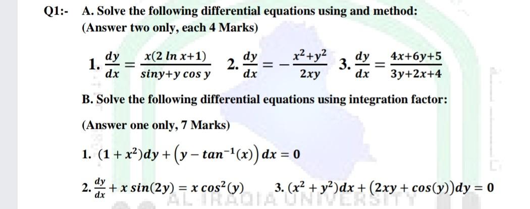 Solved Q1:- A. Solve the following differential equations | Chegg.com