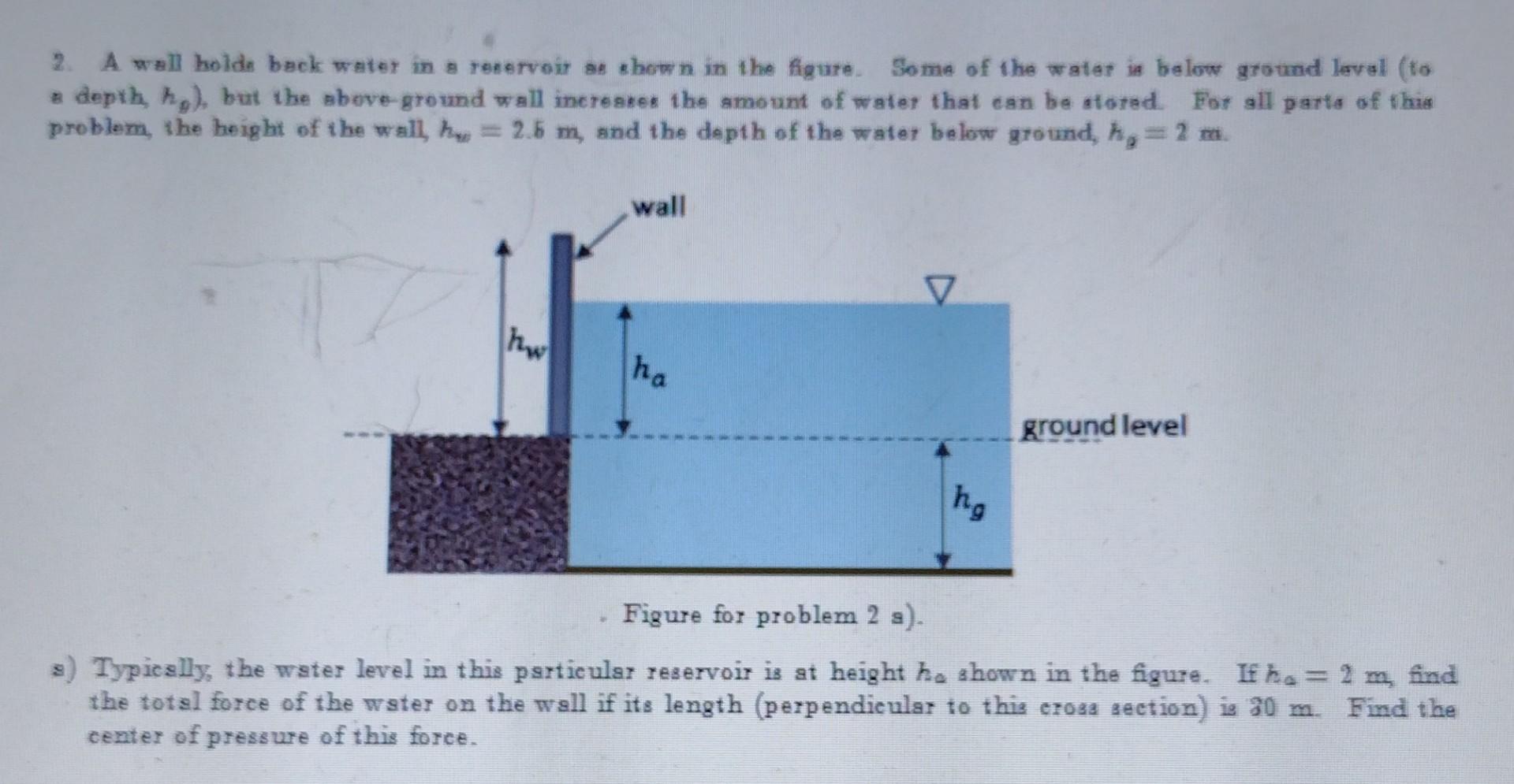 2. A wall holds back water in s reservoir as shown in the figure. Some of the water is below ground leval (to a depth, \( h_{