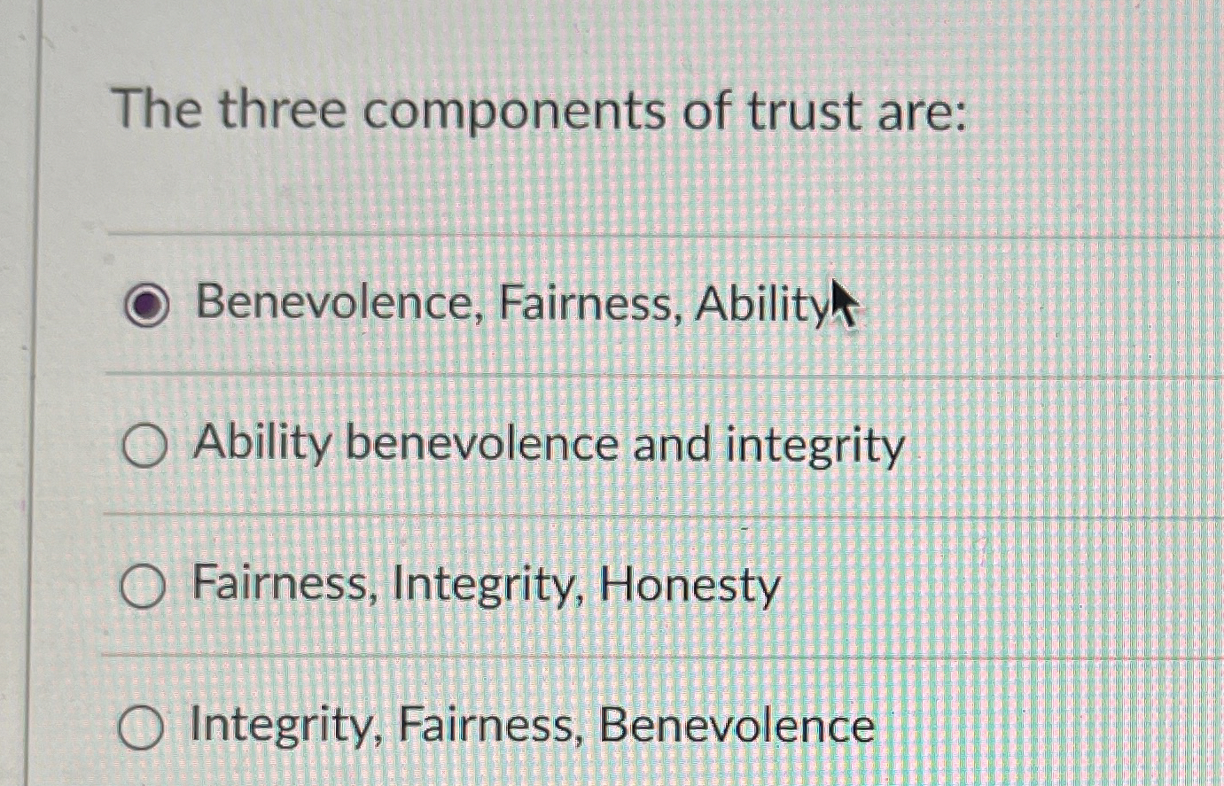 Solved The three components of trust are:Benevolence, | Chegg.com