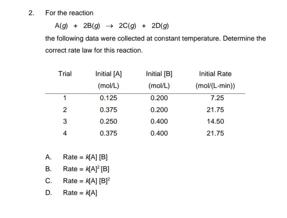 Solved 2. For the reaction A(g) + 2B(9) 2C(g) + 2D(g) the | Chegg.com