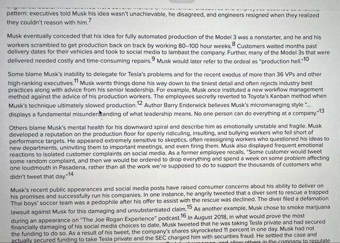 Solved While Tesla CEO Elon Musk enjoys a reputation as one | Chegg.com
