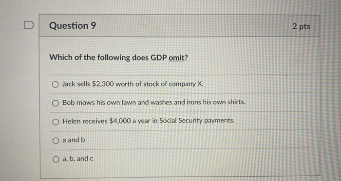 Solved Question 9 2 pts Which of the following does GDP | Chegg.com