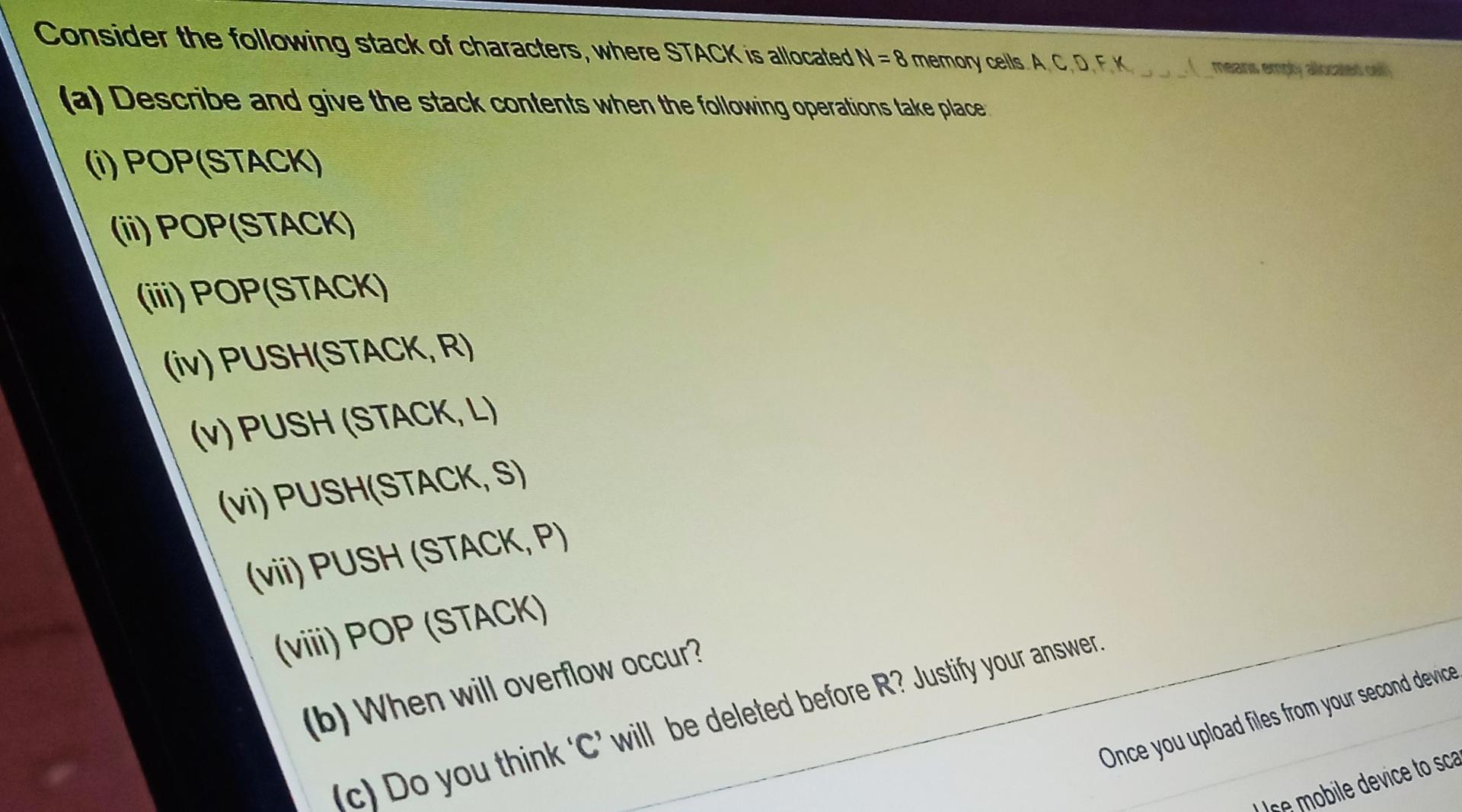 Solved Consider the following stack of characters, where