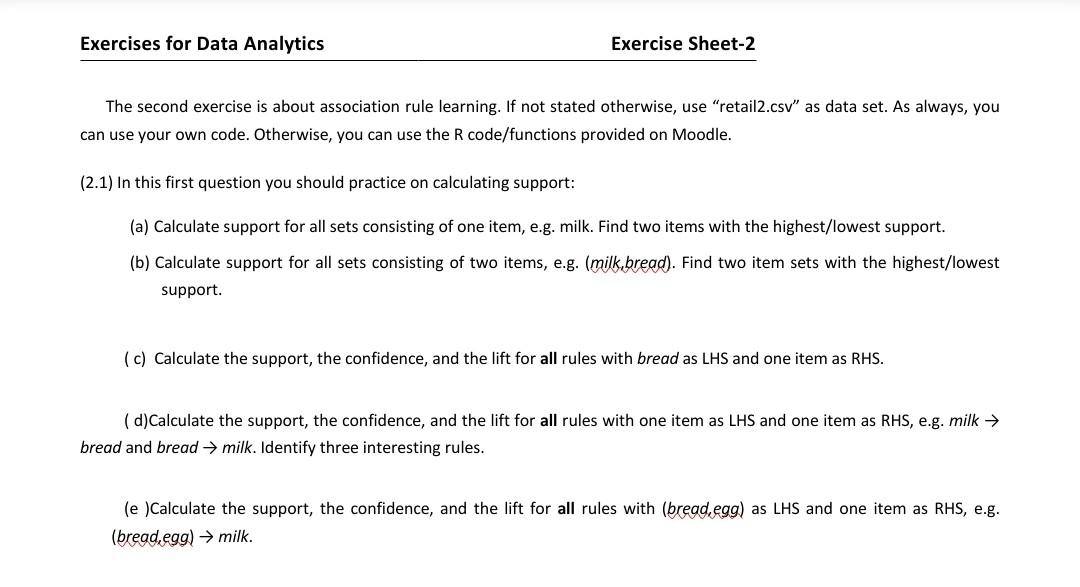 Exercises for Data Analytics Exercise Sheet-2 The | Chegg.com