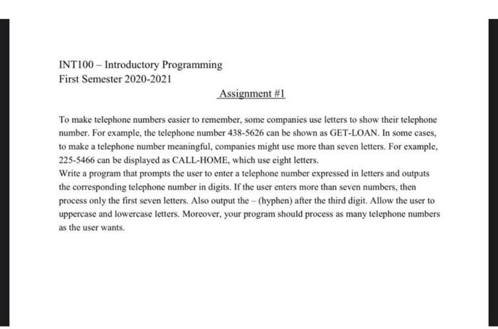 Solved INT100 - Introductory Programming First Semester | Chegg.com