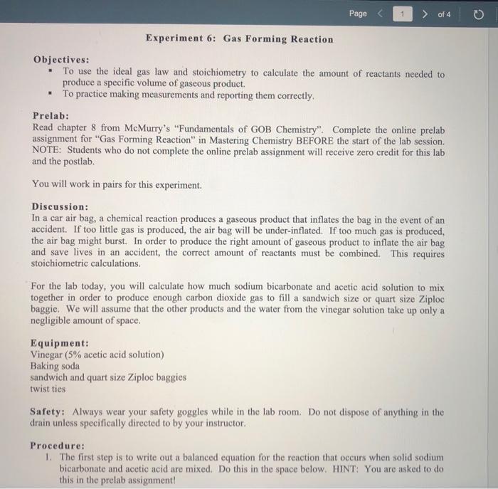 Page 1 of 4 0 Experiment 6 Gas Forming Reaction Chegg