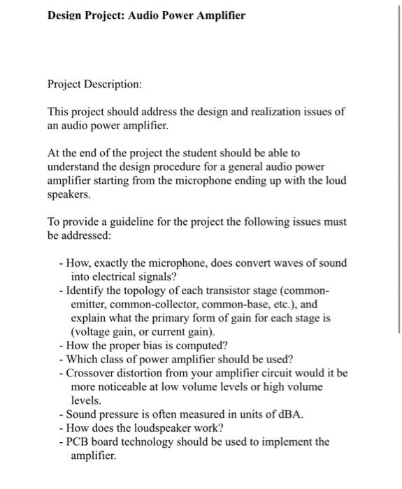 Solved Design Project: Audio Power Amplifier Project | Chegg.com